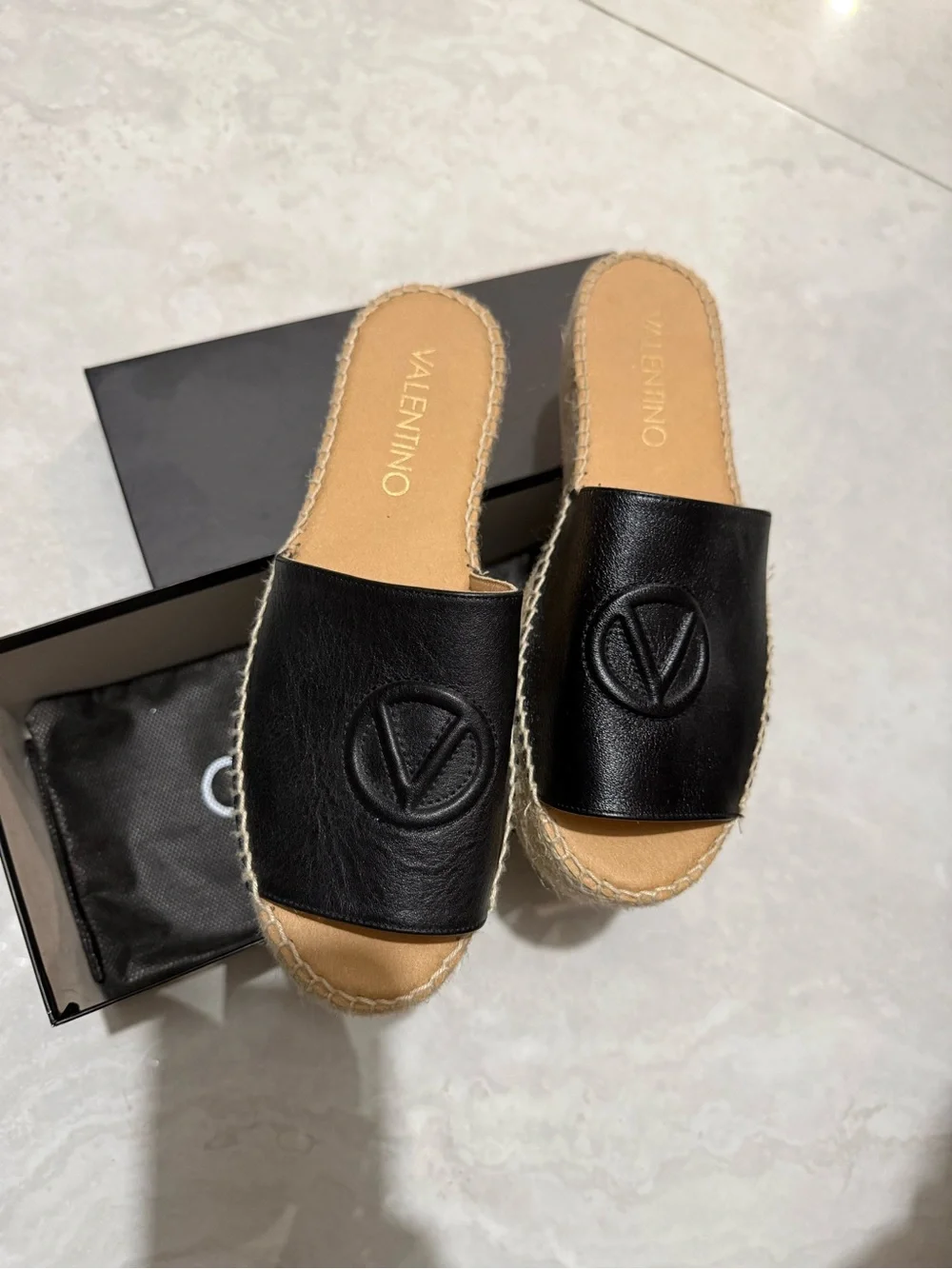 Valentino Black Leather Espadrille Slide Sandals